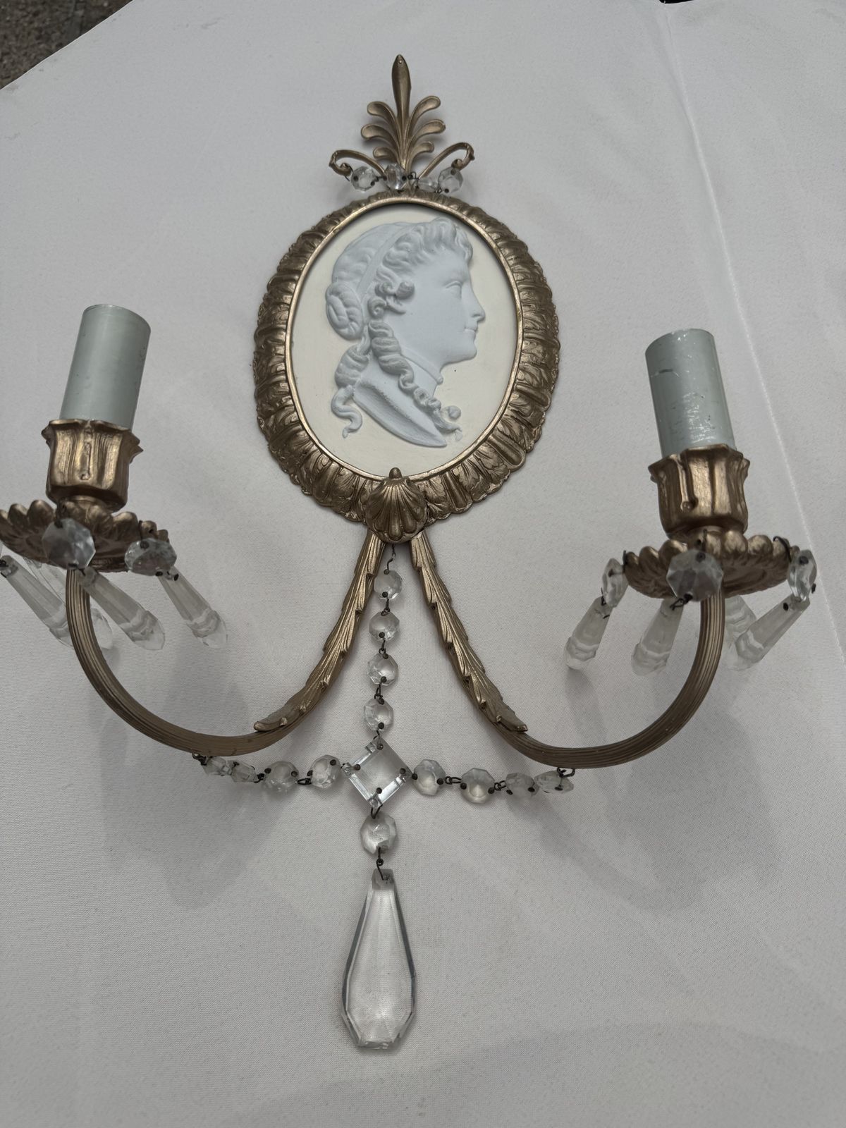 Pair Of Victorian Brass & Crystal Camo Sconces photo vinterior