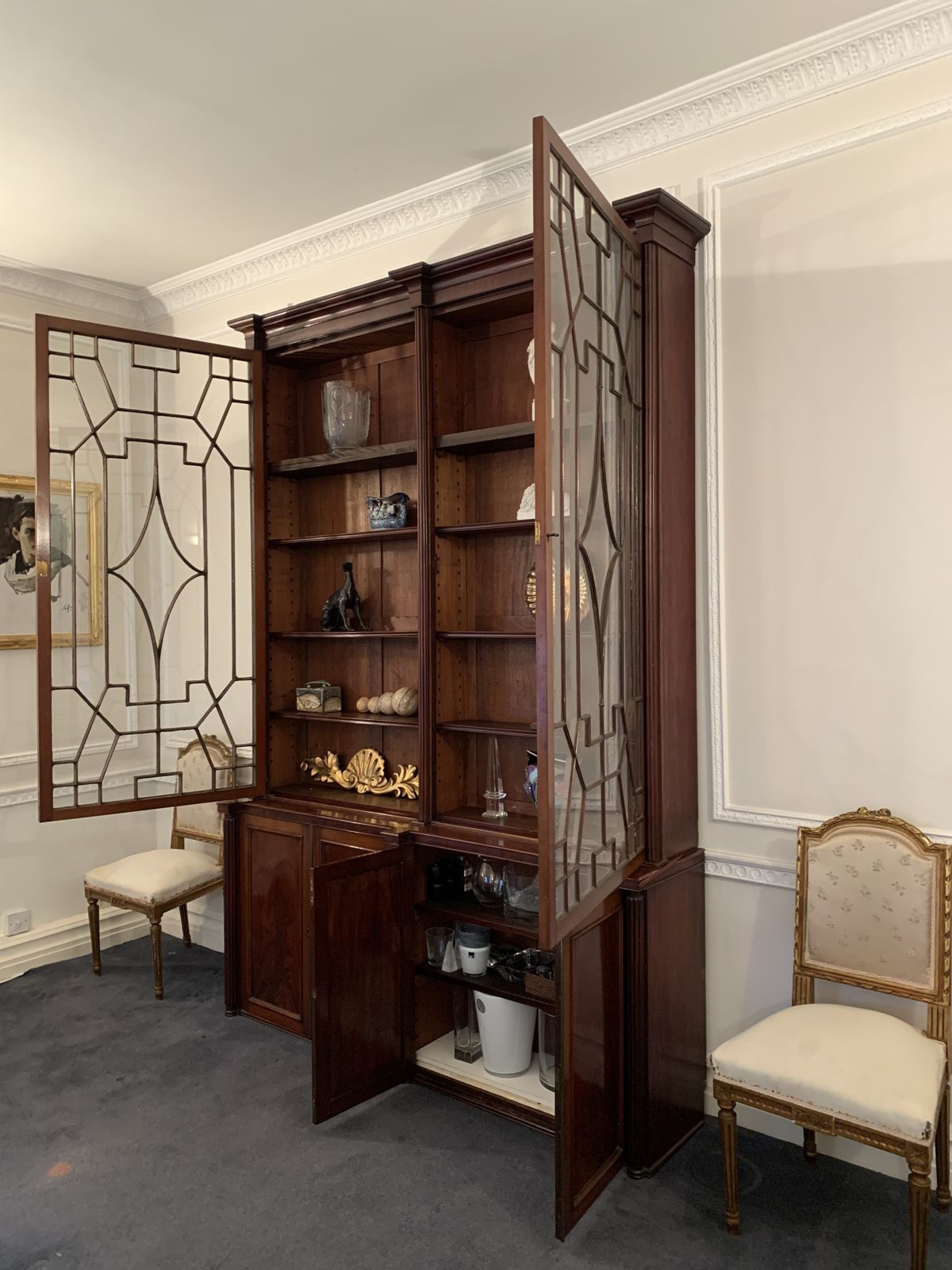 Late Georgian Style English Astragal Glazed Mahogany Breakfront Library Bookcase photo vintage