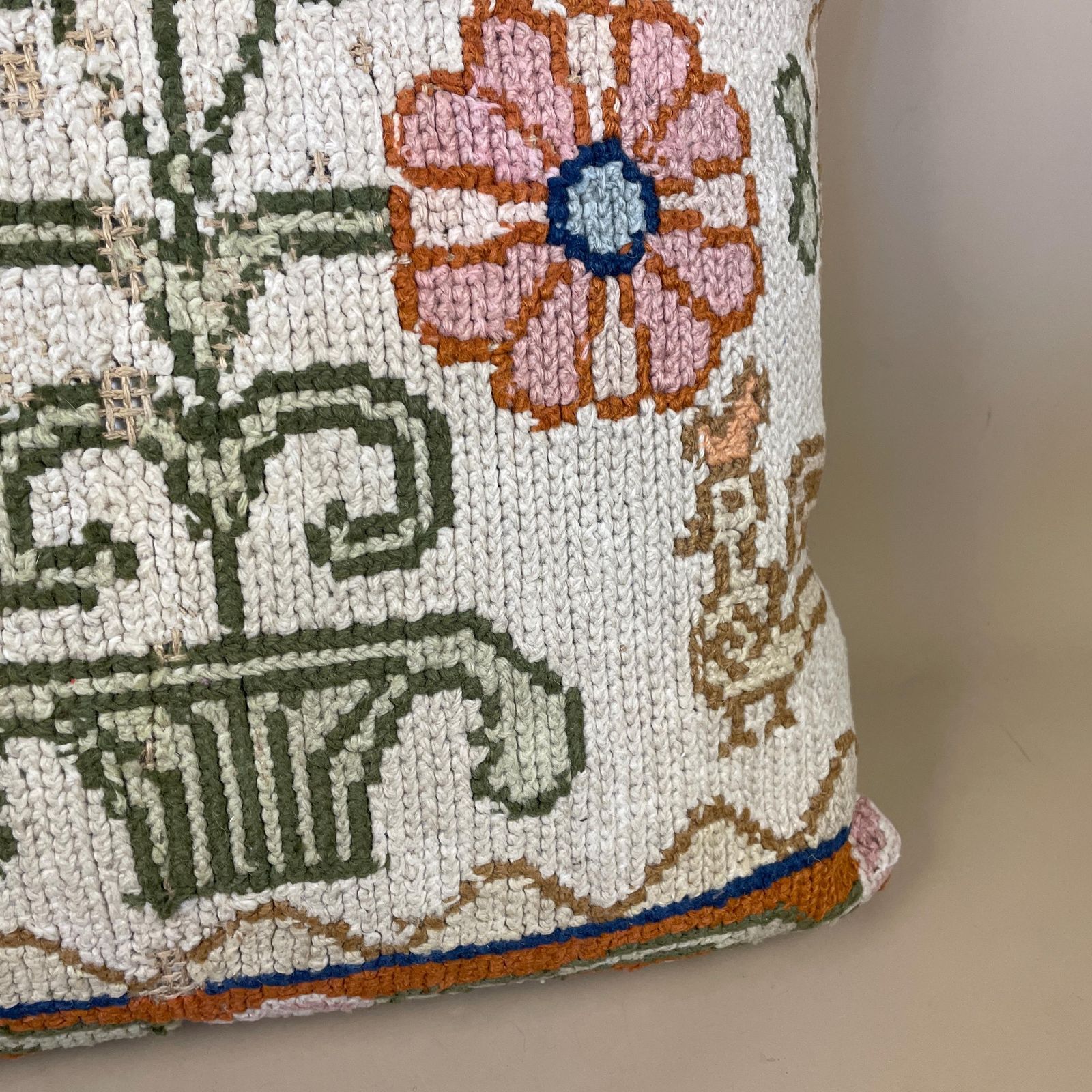 Moroccan Carpet Cushion Antique Kilim Pillow Feather Handmade 48x45cm Floral Feather Filled Handwoven Beige Traditional Rectangle Vintage photo for sale