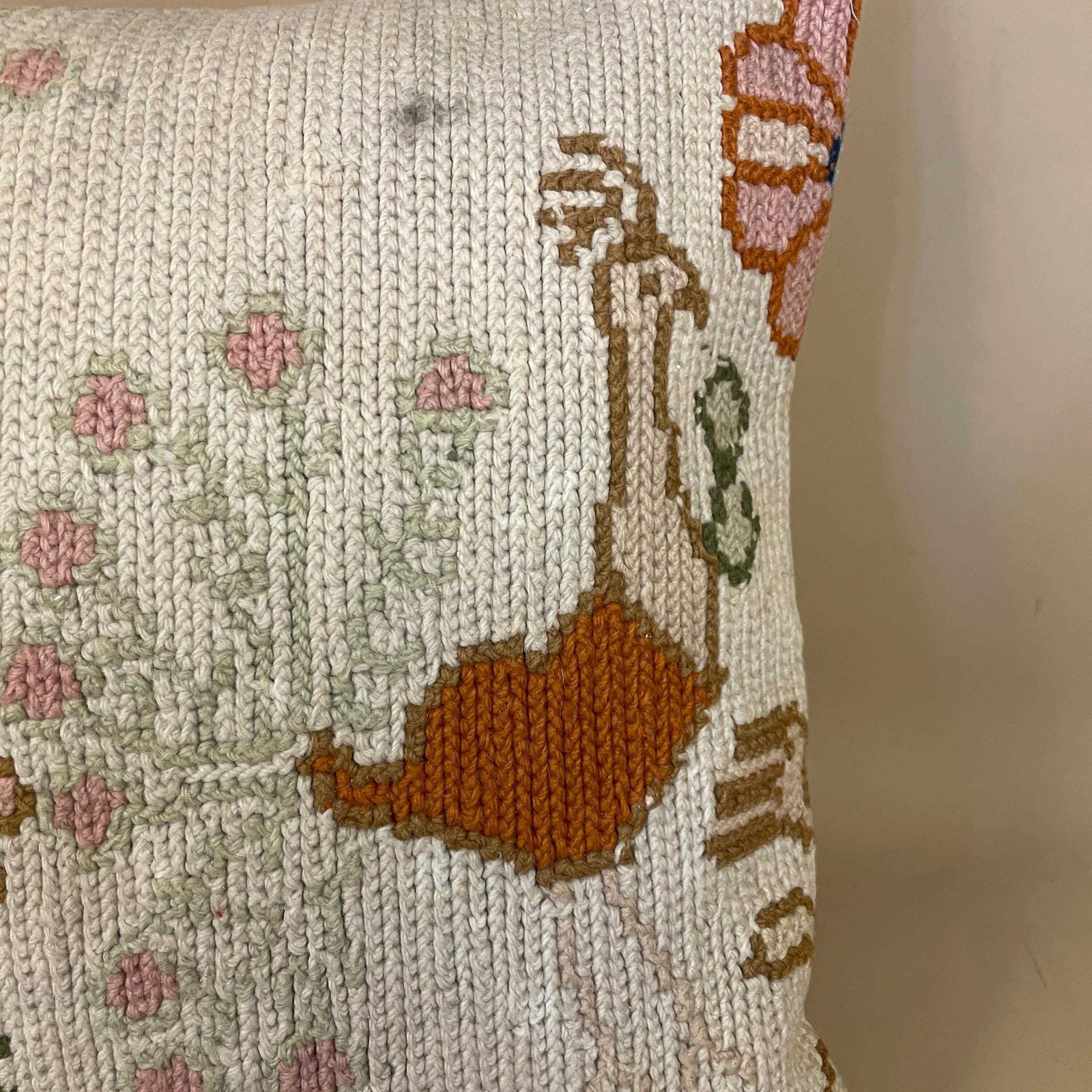 Moroccan Carpet Cushion Antique Kilim Pillow Feather Handmade 48x48cm Floral Bird Feather Filled Handwoven Beige Traditional Square Vintage photo furniture