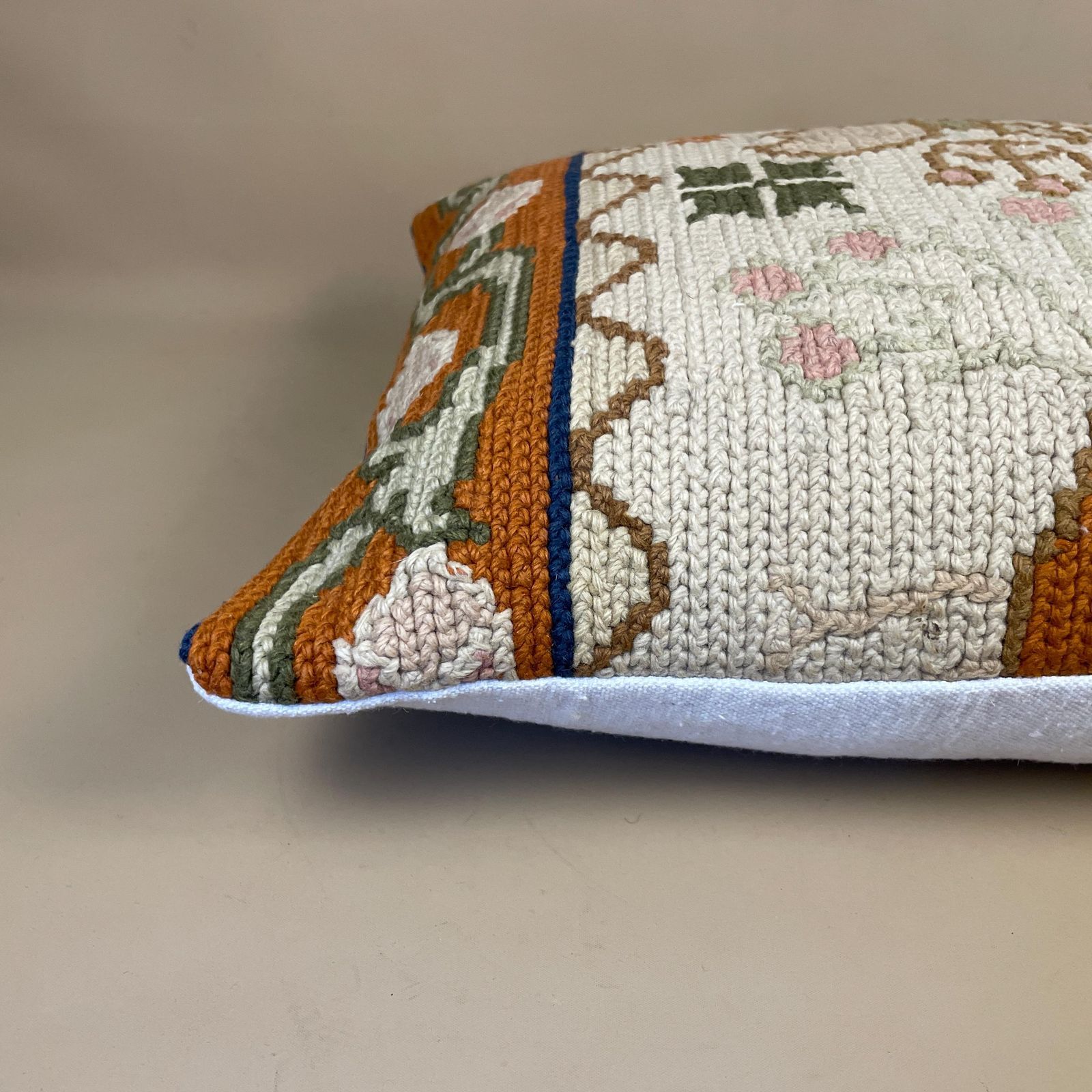 Moroccan Carpet Cushion Antique Kilim Pillow Feather Handmade 50x38cm Floral Feather Filled Handwoven Beige Traditional Rectangle Vintage photo Textiles