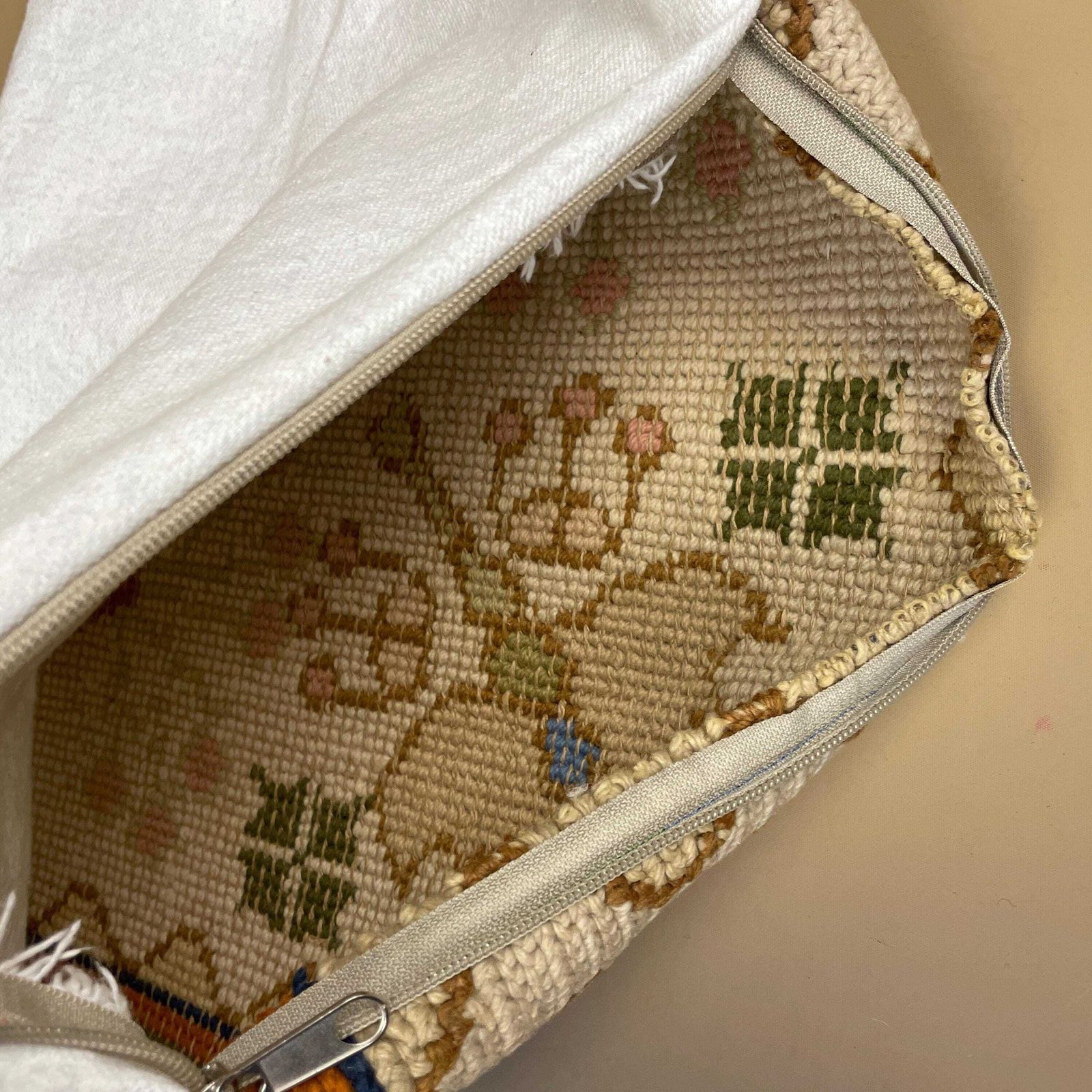 Moroccan Carpet Cushion Antique Kilim Pillow Feather Handmade 50x38cm Floral Feather Filled Handwoven Beige Traditional Rectangle Vintage photo vinterior