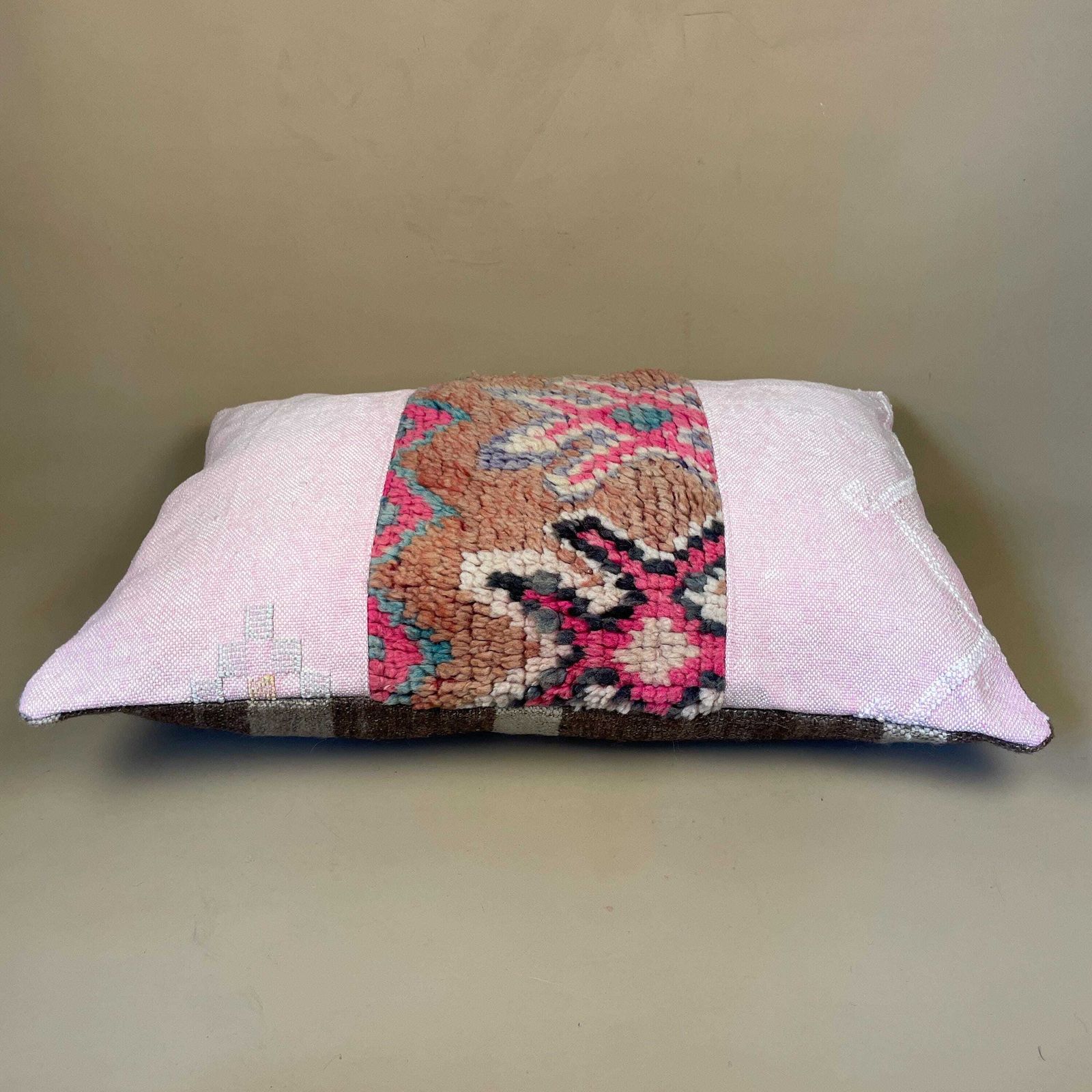 Moroccan Kilim Berber Cushion Antique Carpet Pillow Feather Handmade 60x40cm Feather Filled Handwoven Pink Traditional Rectangle Vintage photo for sale