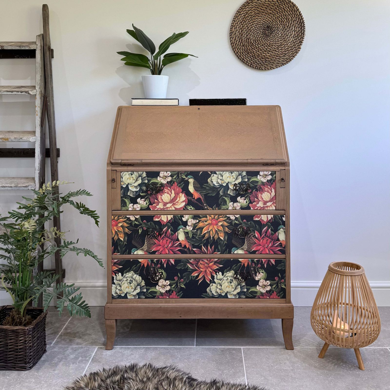 Vintage Oak Bureau Desk, Colourful Floral Decoupaged Drawers