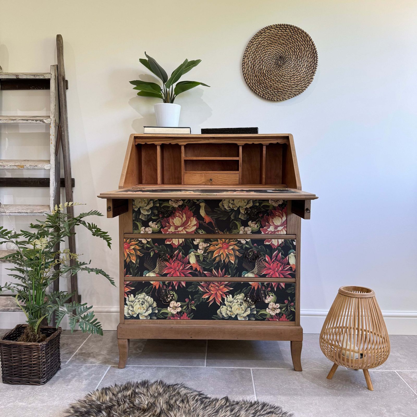 Vintage Oak Bureau Desk, Colourful Floral Decoupaged Drawers photo vinterior