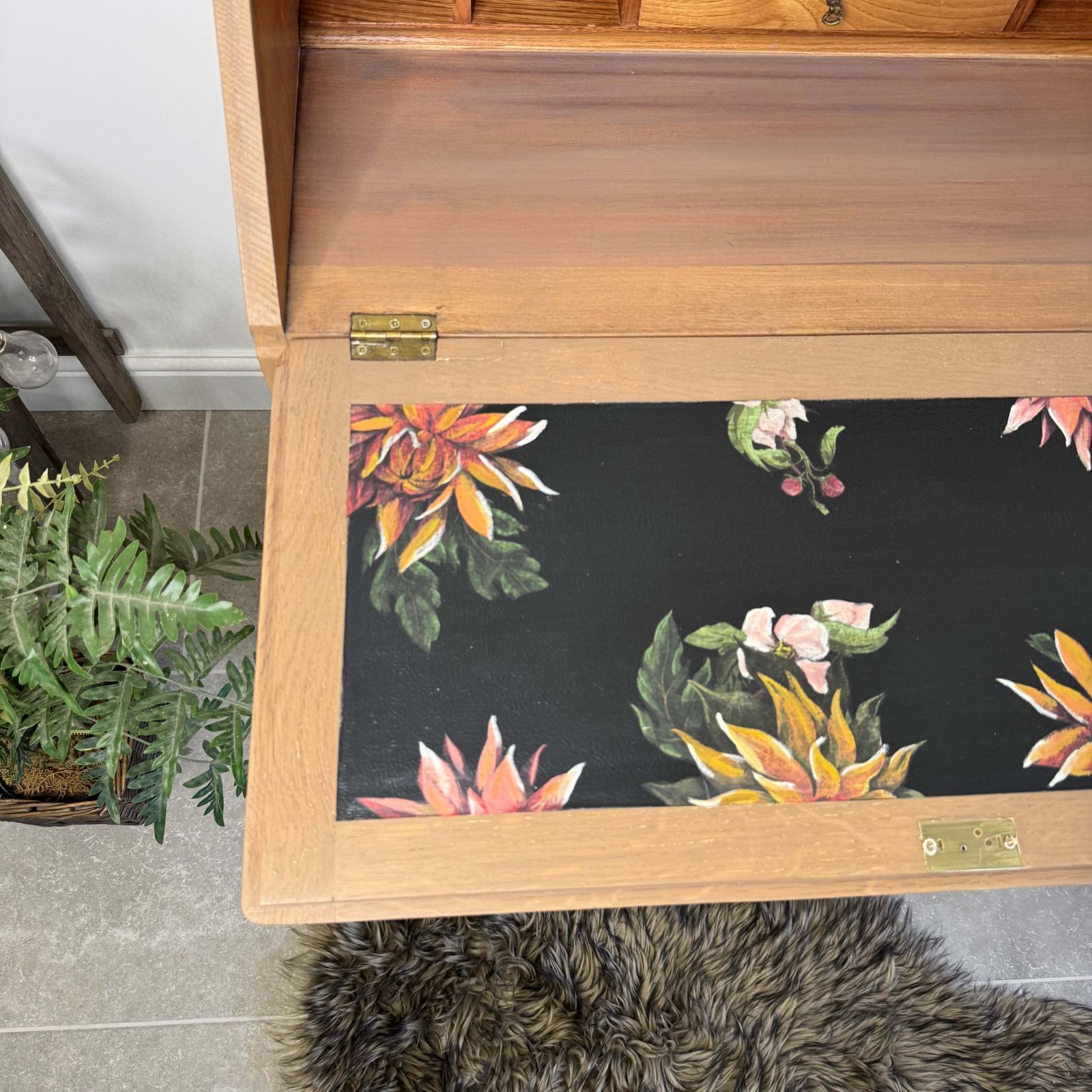 photo furniture Vintage Oak Bureau Desk, Colourful Floral Decoupaged Drawers