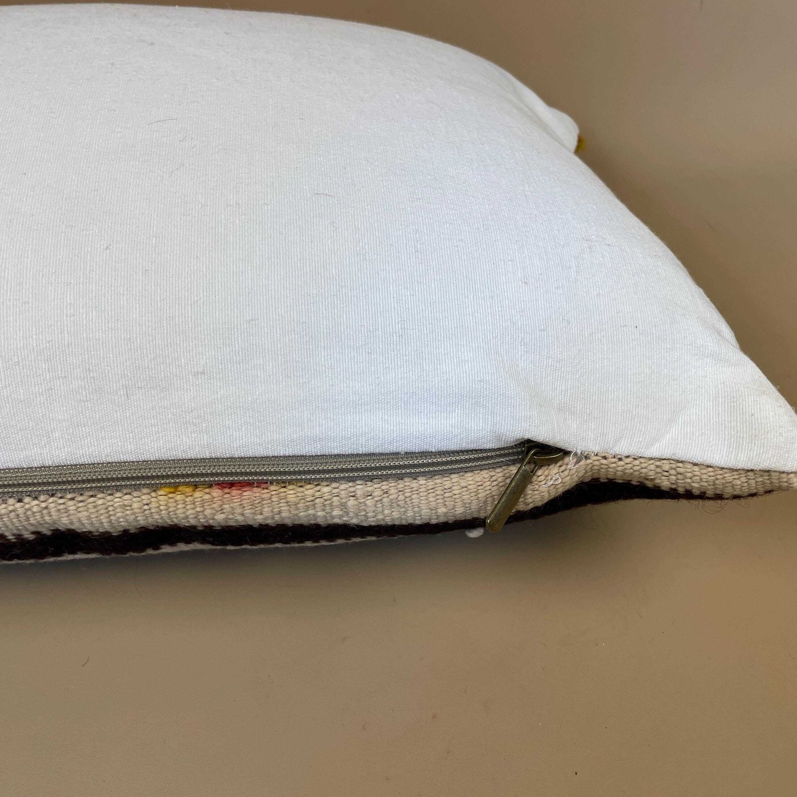 Moroccan Kilim Berber Cushion Antique Carpet Pillow Feather Handmade 55x38cm Feather Filled Handwoven Beige Yellow Red Rectangle Vintage photo vinterior