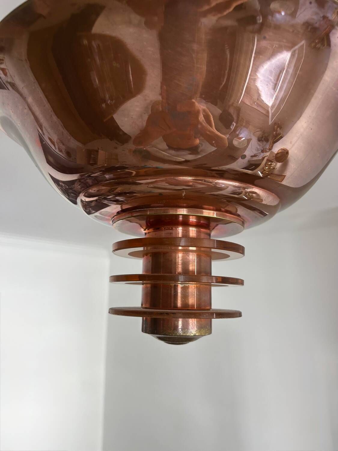 Vintage Modernist Chandelier, Copper And Glass, France 1930 photo Lighting