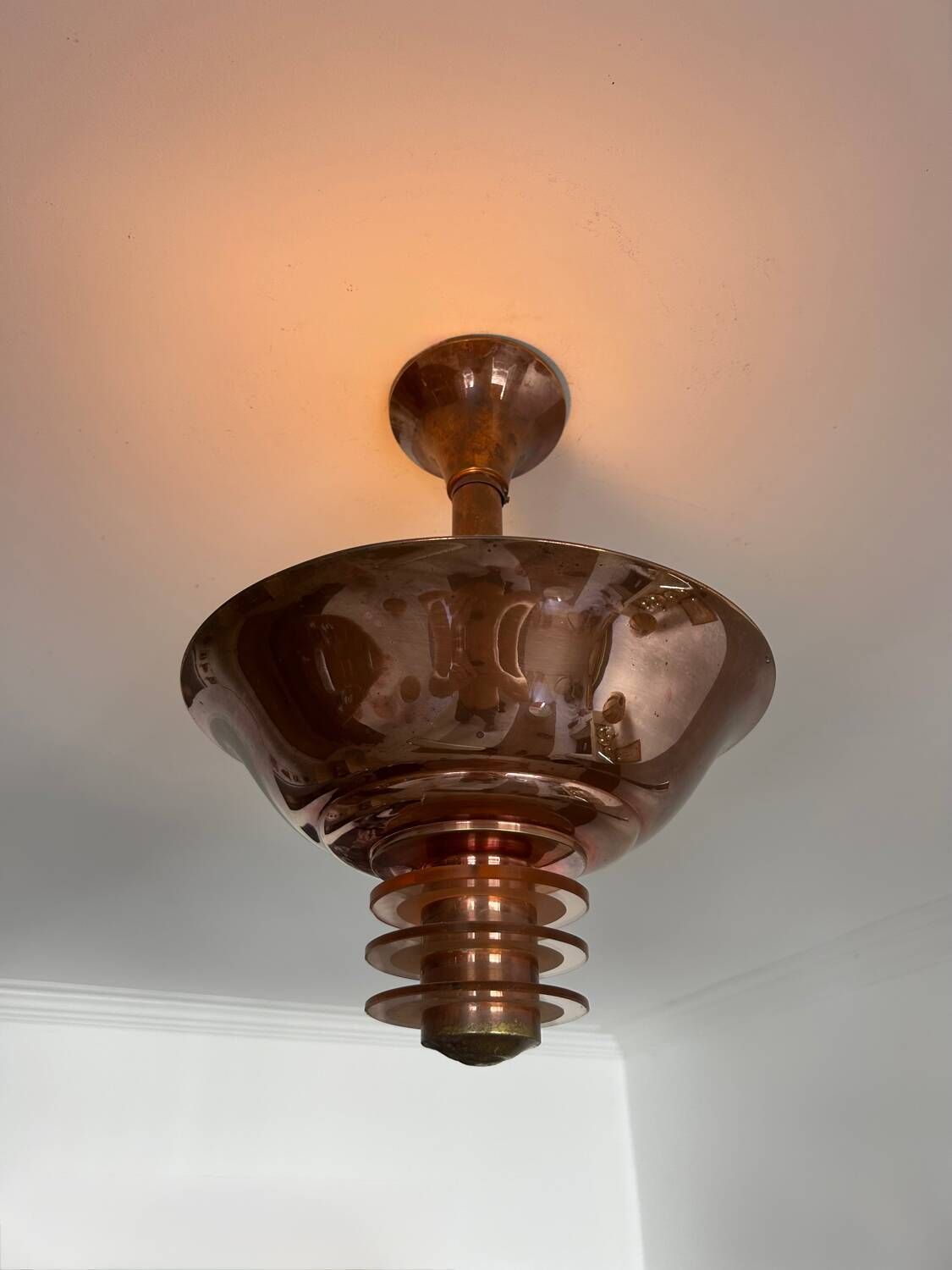 Vintage Modernist Chandelier, Copper And Glass, France 1930 photo vinterior