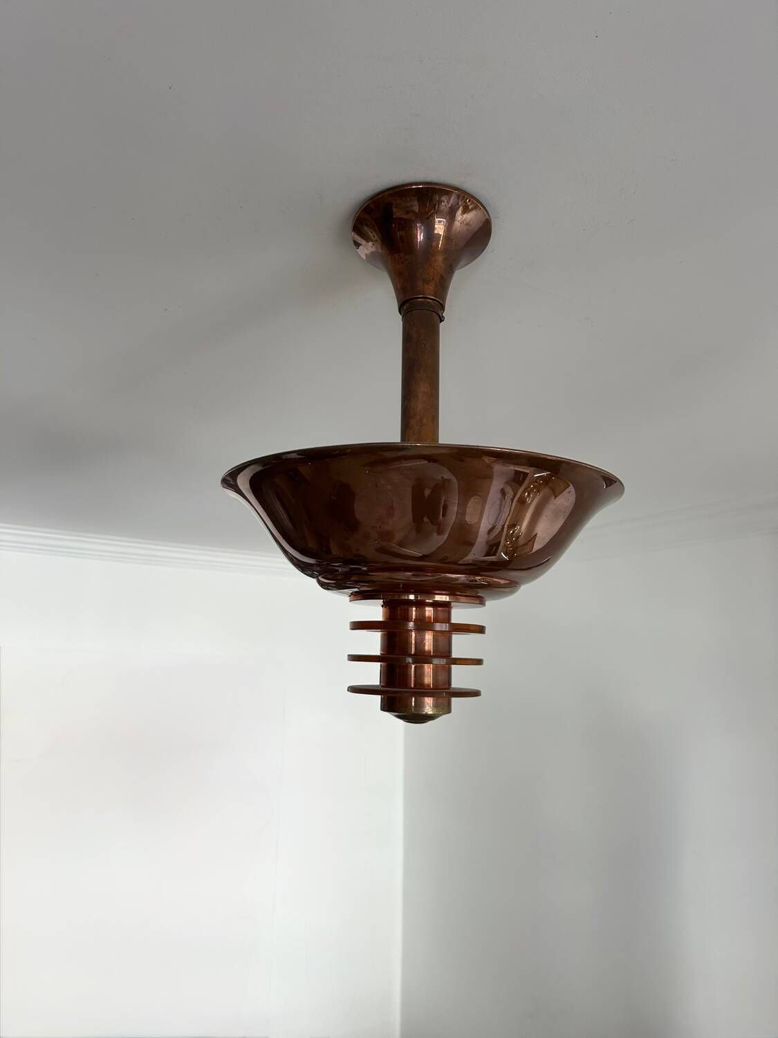 Lighting Vintage Modernist Chandelier, Copper And Glass, France 1930 photo