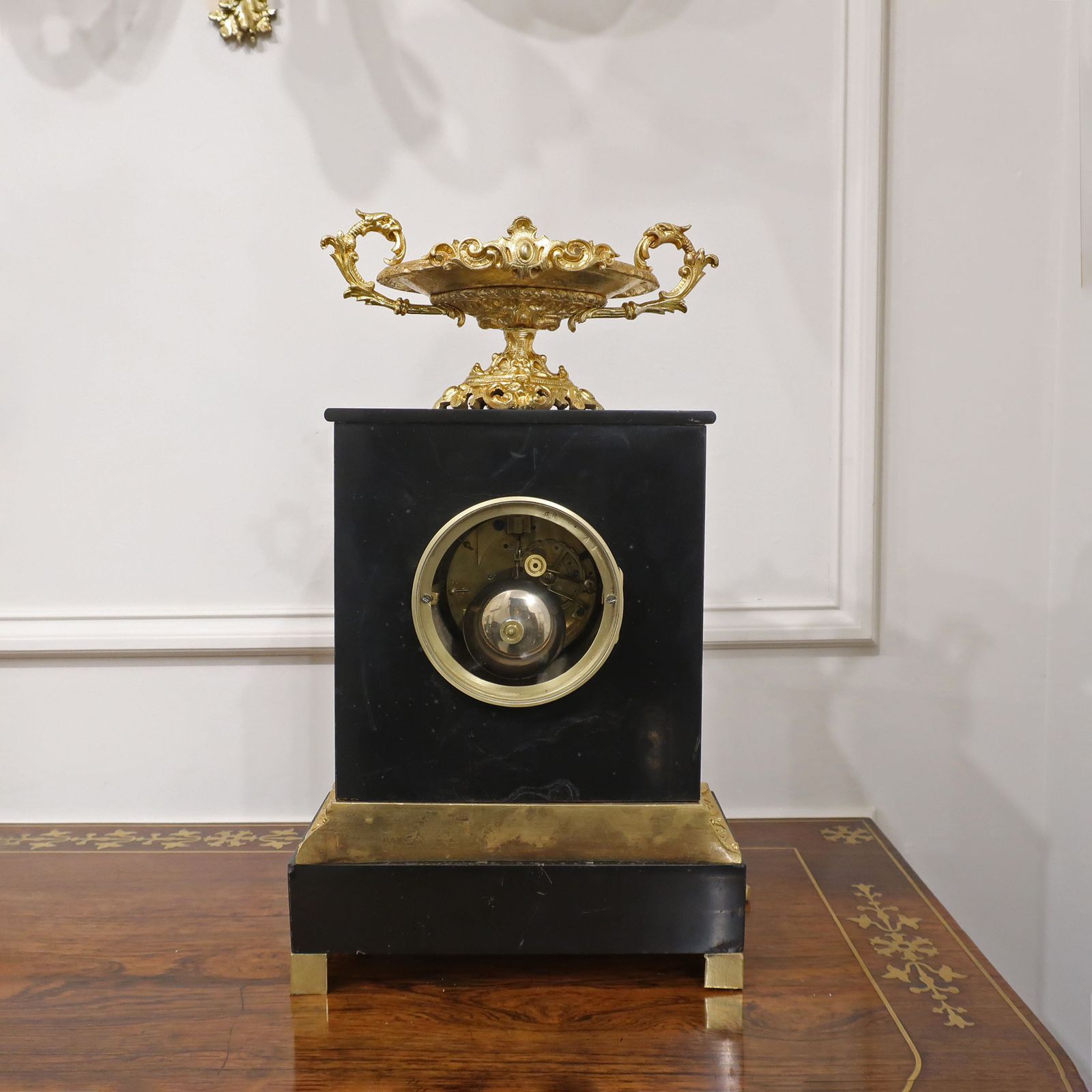 photo for sale French Rococo Style Black Slate And Bronze Gilt Mantel Clock By Japy Freres