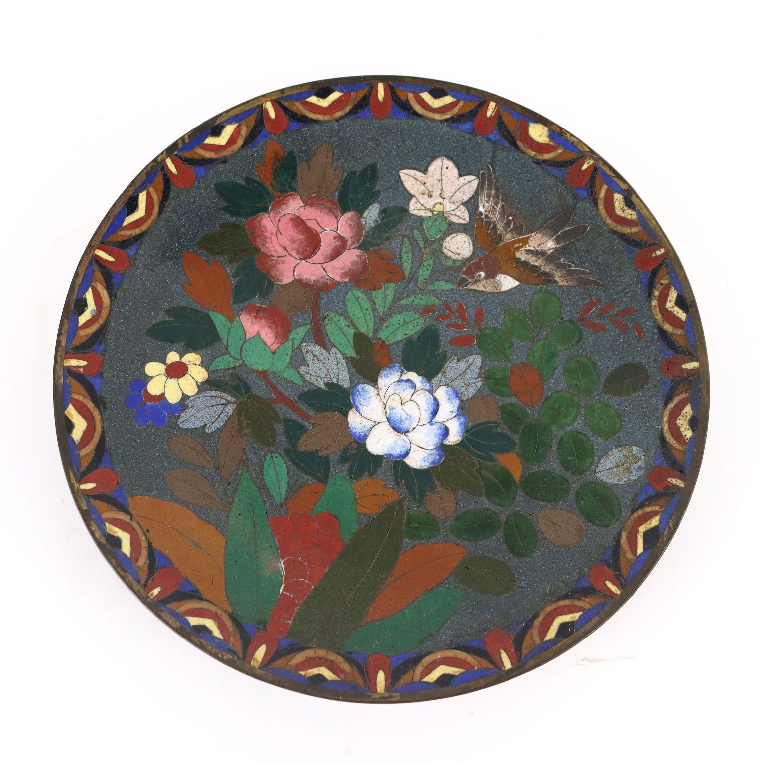 Antique Plate Copper With Cloisonné Decorations Japan Meiji Era