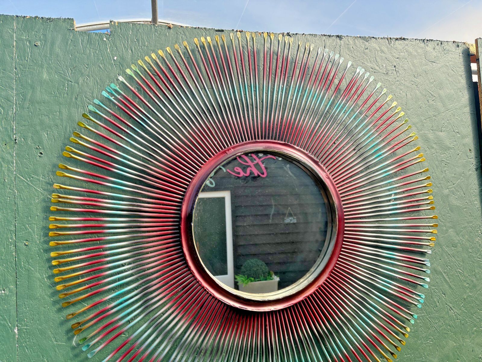 Large Mid Century Possible French Sunburst Steel Multicoloured Mirror photo for sale