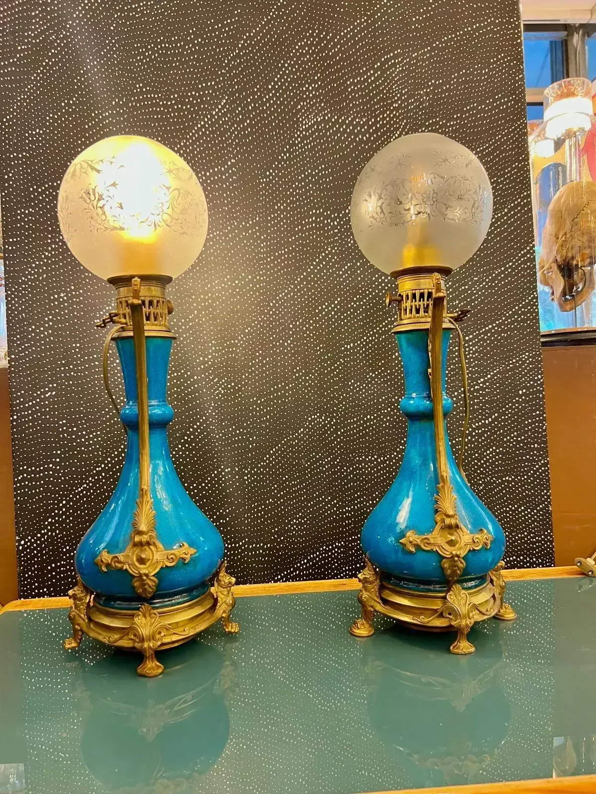 Pair Of Blue Glazed Earthenware Lamps In The Théodore Deck Style, 19th Century photo buy