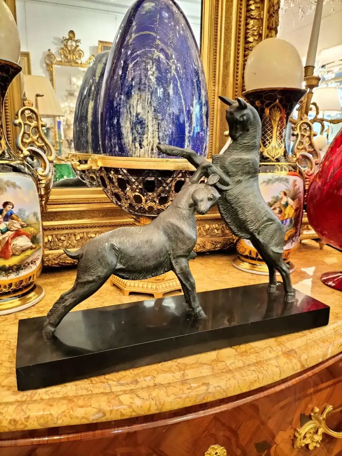 Dynamic Animal Sculpture Of Goats In Bronze, 20th Century photo furniture