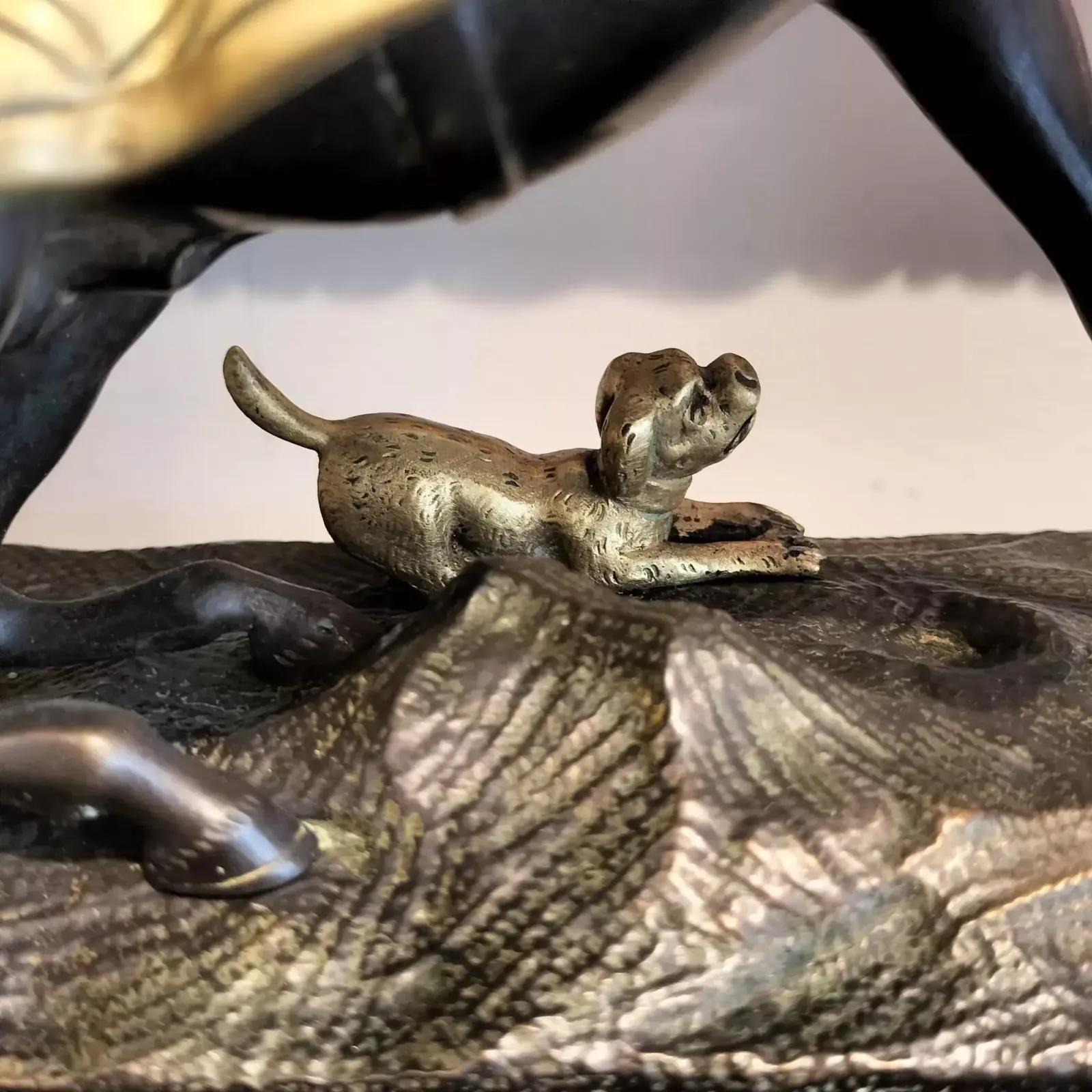 Empire Clock In Representing A Horse And A Dog In Gilt Bronze, 19th Century photo for sale