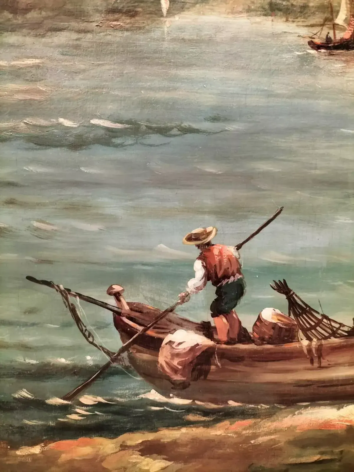 Large Marine Oil On Canvas Breton Fisherman In Original Frame, 19th Century photo furniture