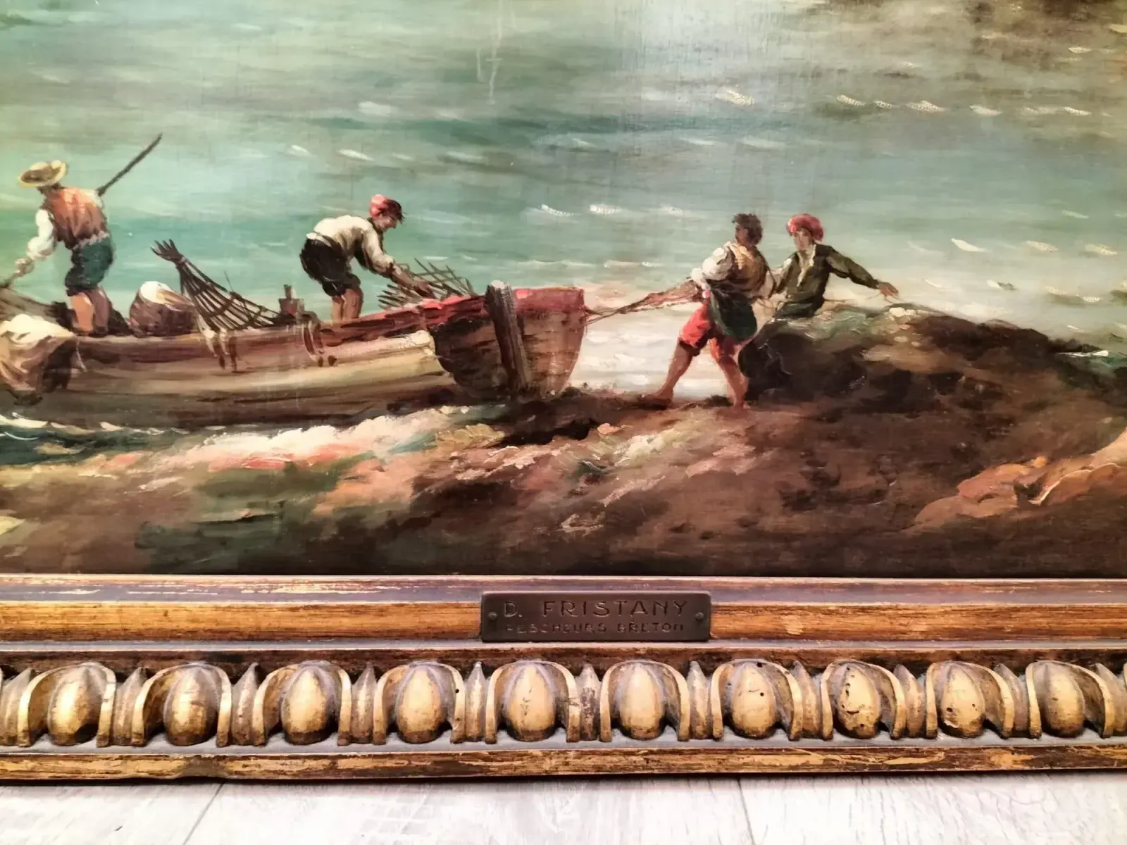Large Marine Oil On Canvas Breton Fisherman In Original Frame, 19th Century photo for sale