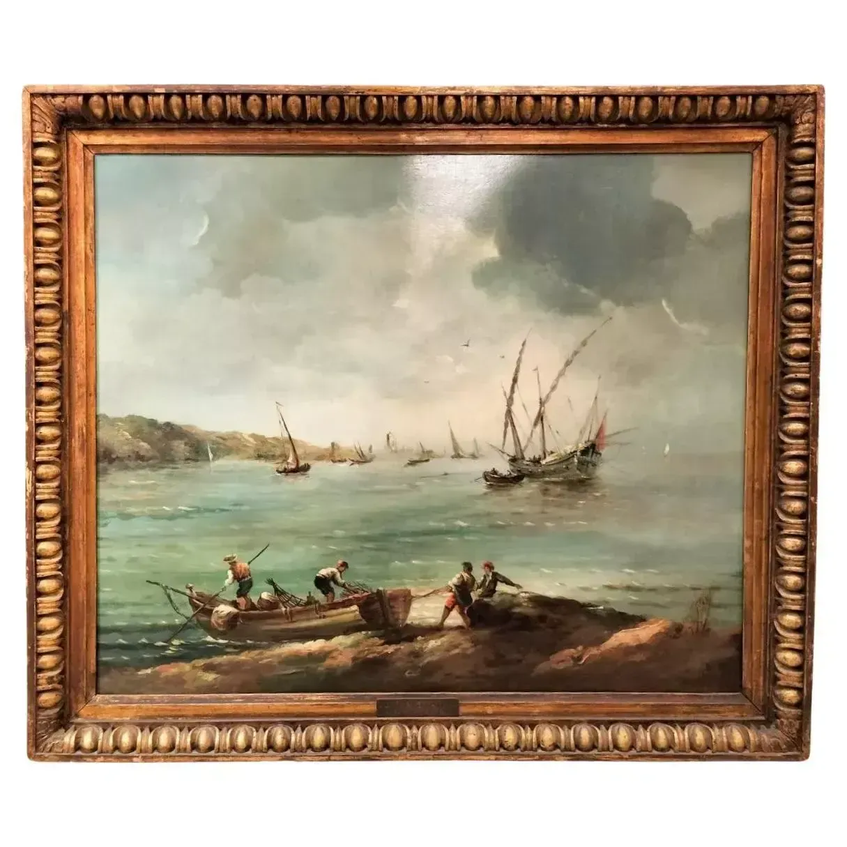 Large Marine Oil On Canvas Breton Fisherman In Original Frame, 19th Century