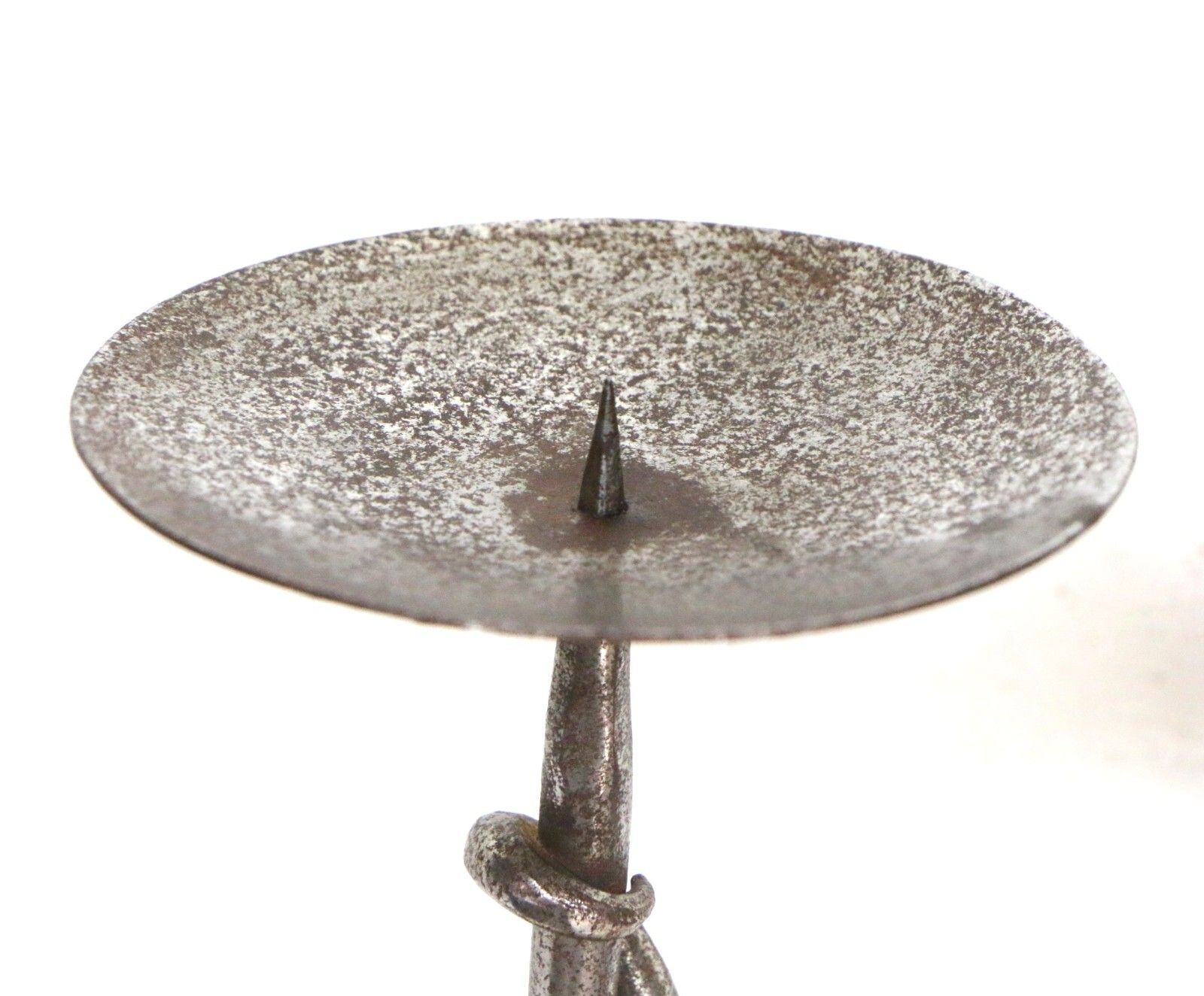 Pair Of Vintage Candlesticks Wrought Iron Picket Tripod Base Twisted & Silvered photo vinterior