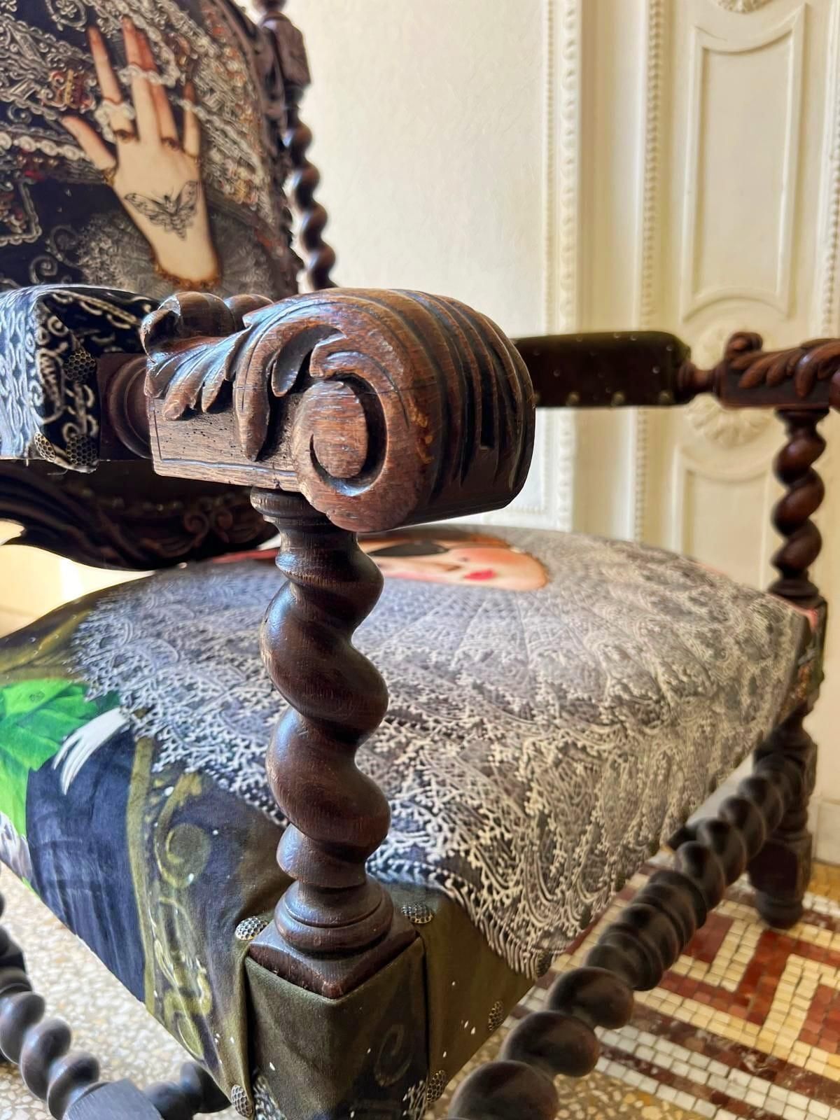 Unique And Large Carved Oak Armchair In Modern Fabric In The Style Of Louis XIII photo for sale