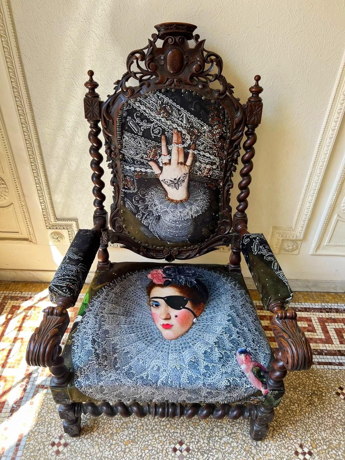 Furniture Unique And Large Carved Oak Armchair In Modern Fabric In The Style Of Louis XIII photo