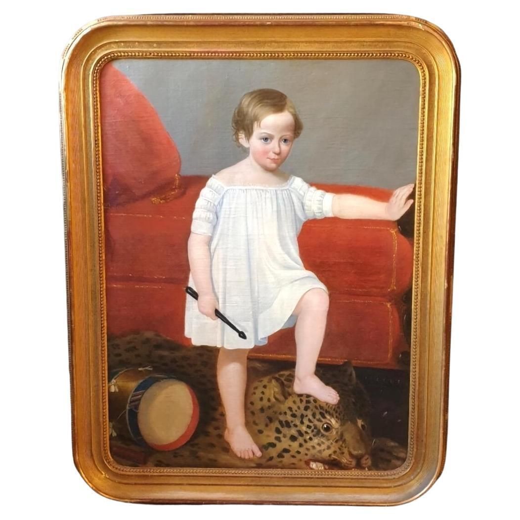 18th Century Oil Painting Of Child With Tambourine Walking On A Panthera
