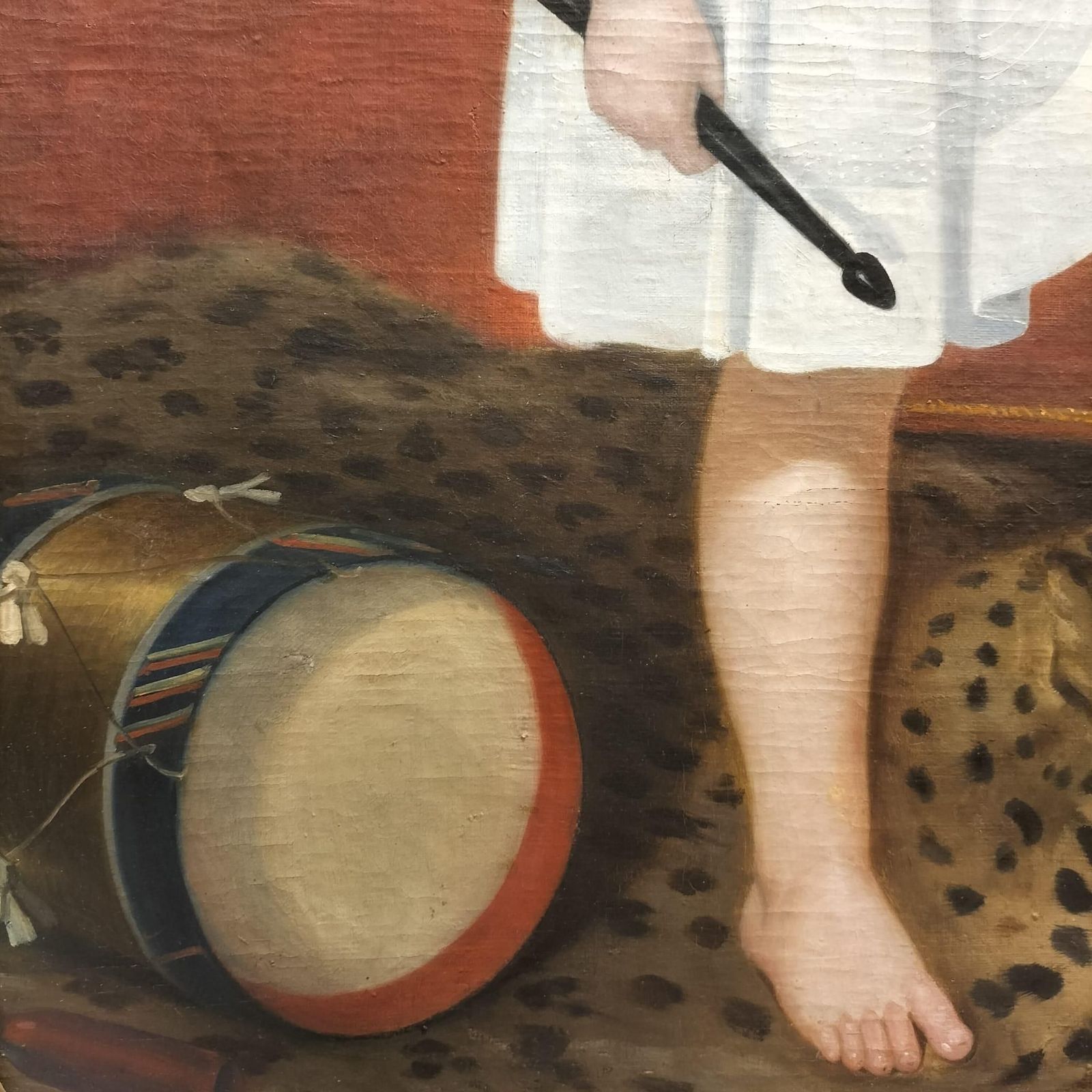 18th Century Oil Painting Of Child With Tambourine Walking On A Panthera photo for sale