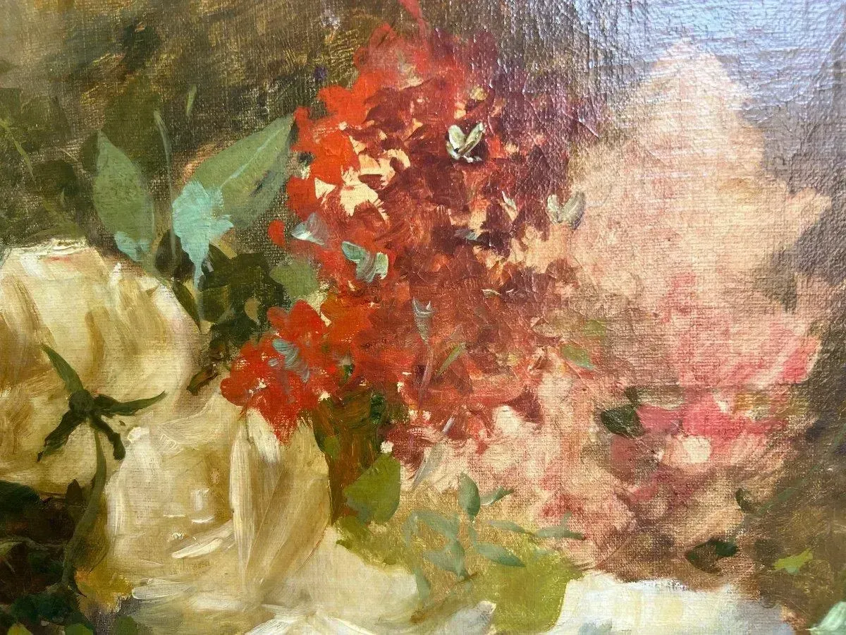 19th Century Large Still Life Oil On Canvas Painting Rose Bouquet photo vinterior