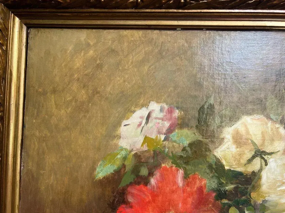 19th Century Large Still Life Oil On Canvas Painting Rose Bouquet photo buy