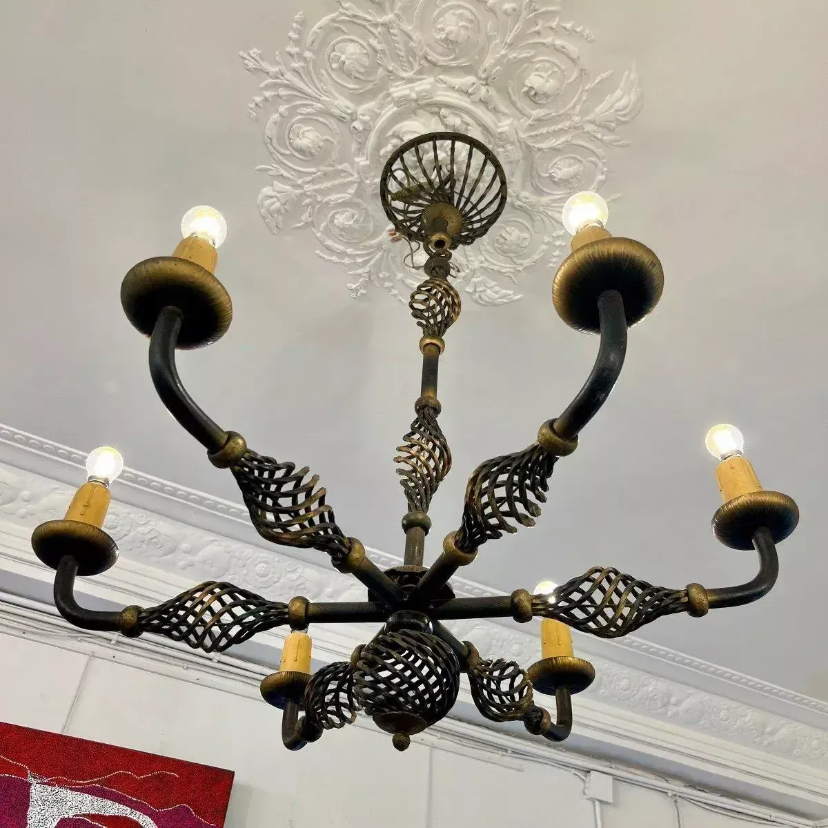 Art Deco Wrought Iron Chandelier With Six Arms, 1940 photo vinterior