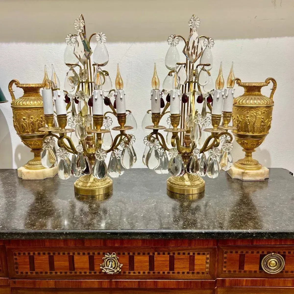 photo for sale Late 19th Century Pair Of Lyre Shaped Four Light Candelabras