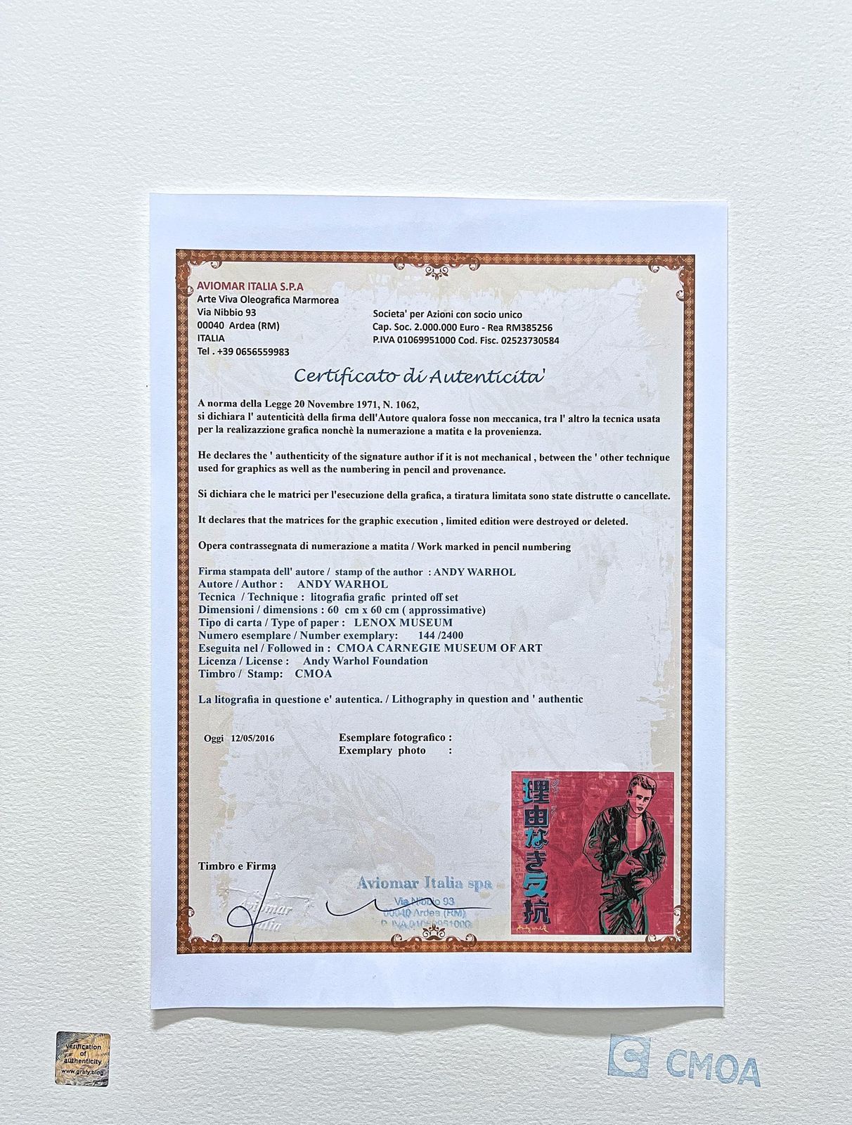 Andy Warhol “James Dean” Signed, Certificate, Limited Edition Of 2400, 60 X 60 Cm, Cmoa photo 454.0