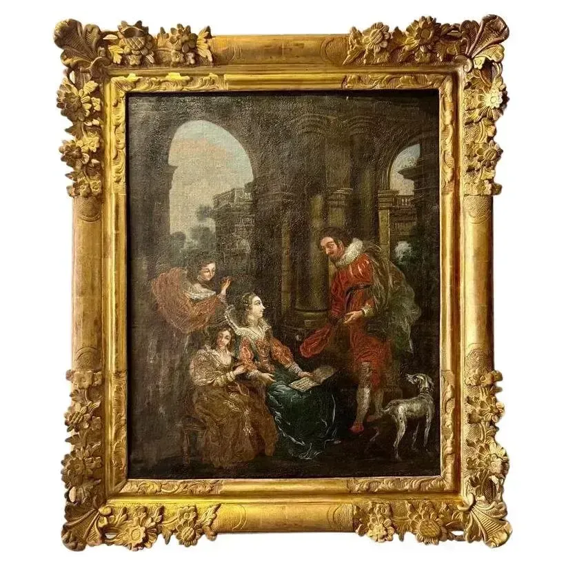 Mid 18th Century Oil Painting Depicting A Scene With Courtesans On Canvas photo buy