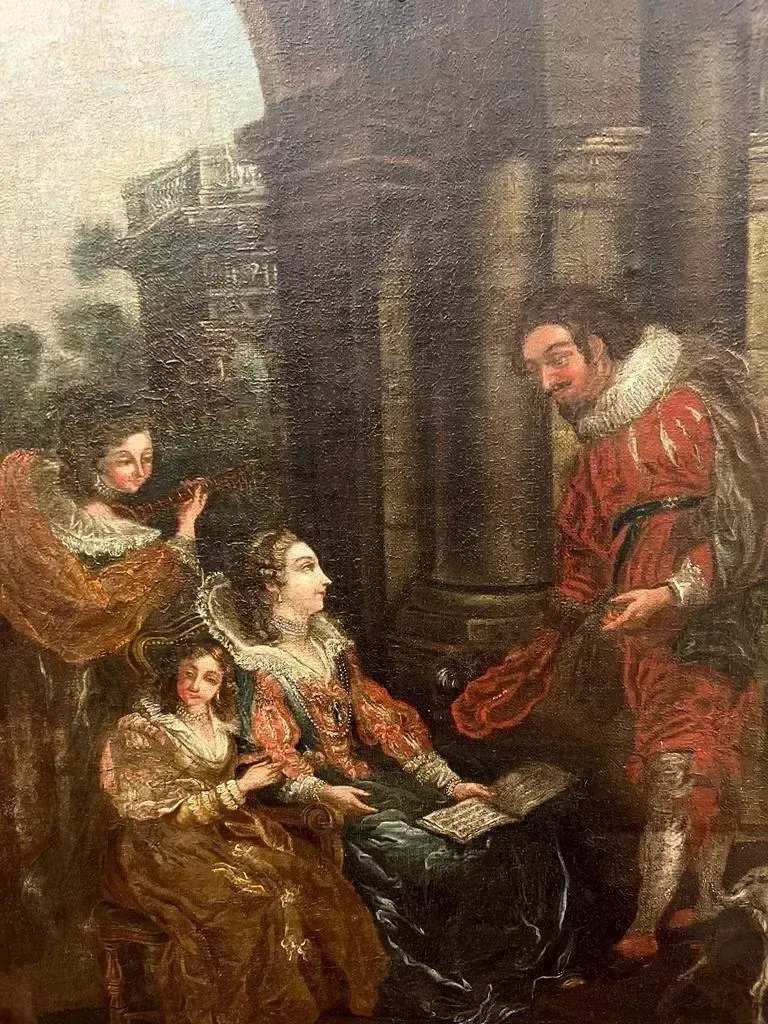 Mid 18th Century Oil Painting Depicting A Scene With Courtesans On Canvas photo vintage