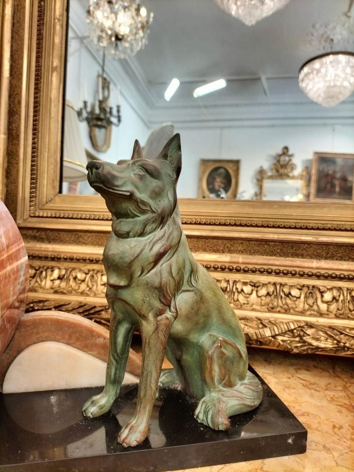 photo for sale Art Deco Mantel Clock In Marble And With A Wolf Statue In Bronze Patina