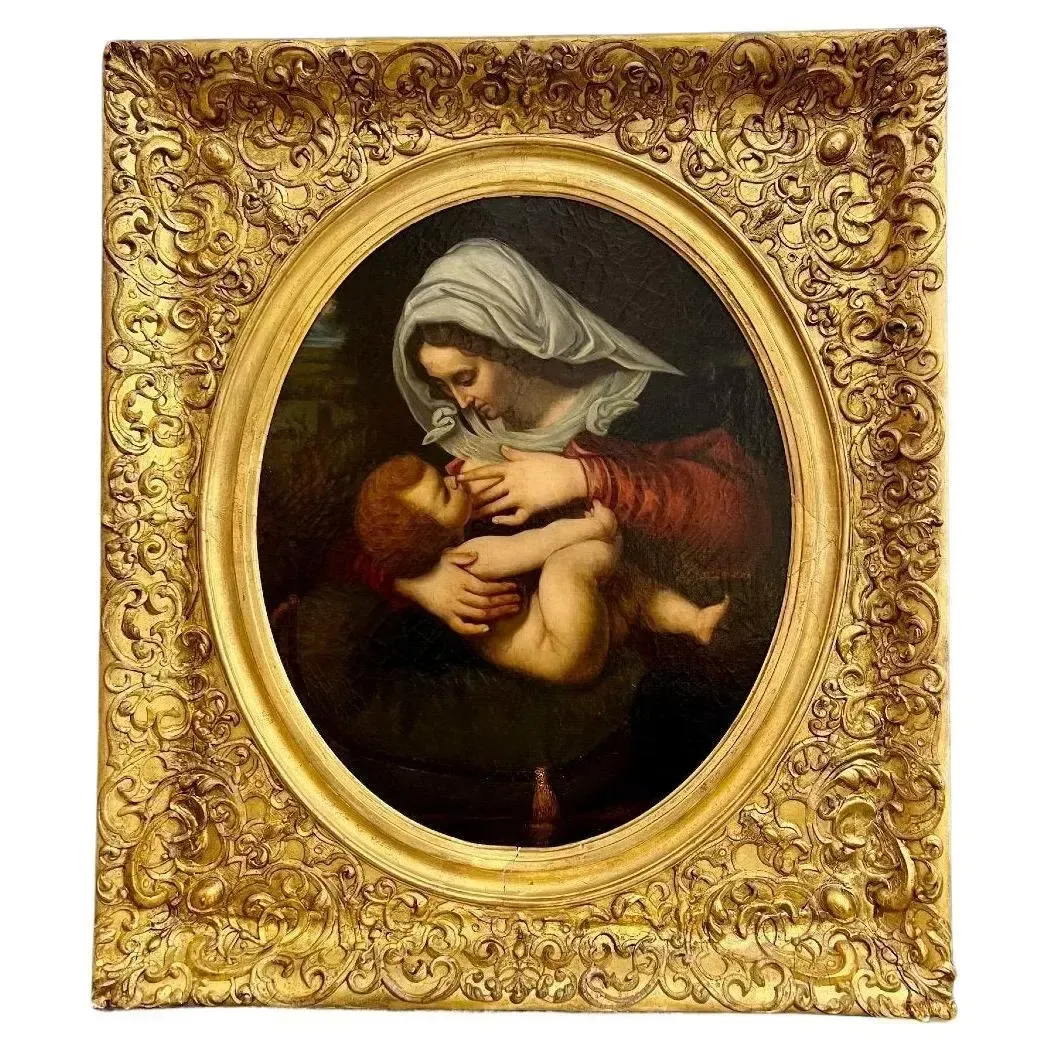 Virgin And Child, Oil Painting In Carved Gilded Frame, 19th Century