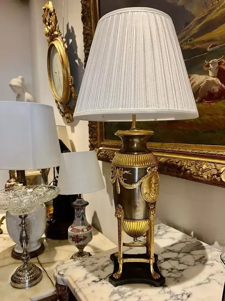 19th Century Empire Style Lamp In Gilt Bronze And Brown Patina With Marble Base photo furniture