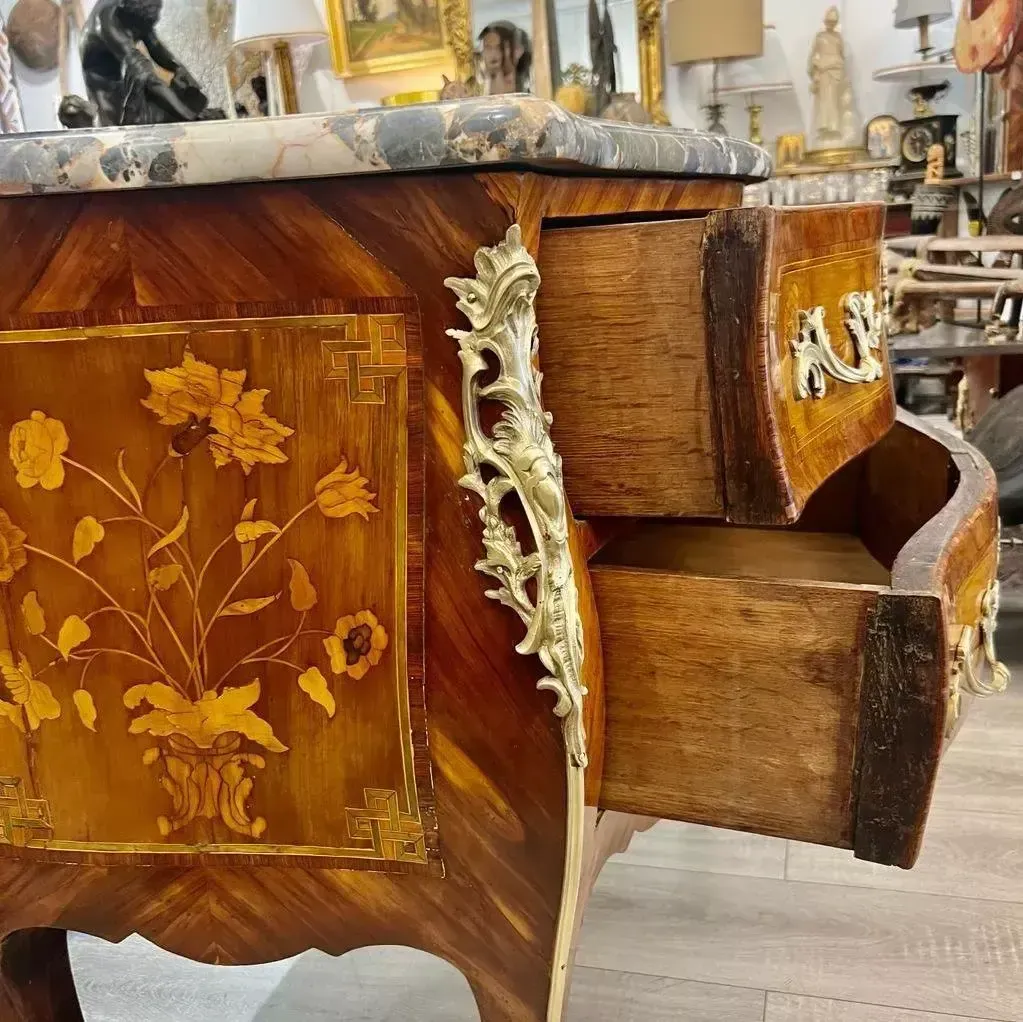 Curved Louis XV Sauteuse Commode In Floral Marquetry, 18th Century photo furniture