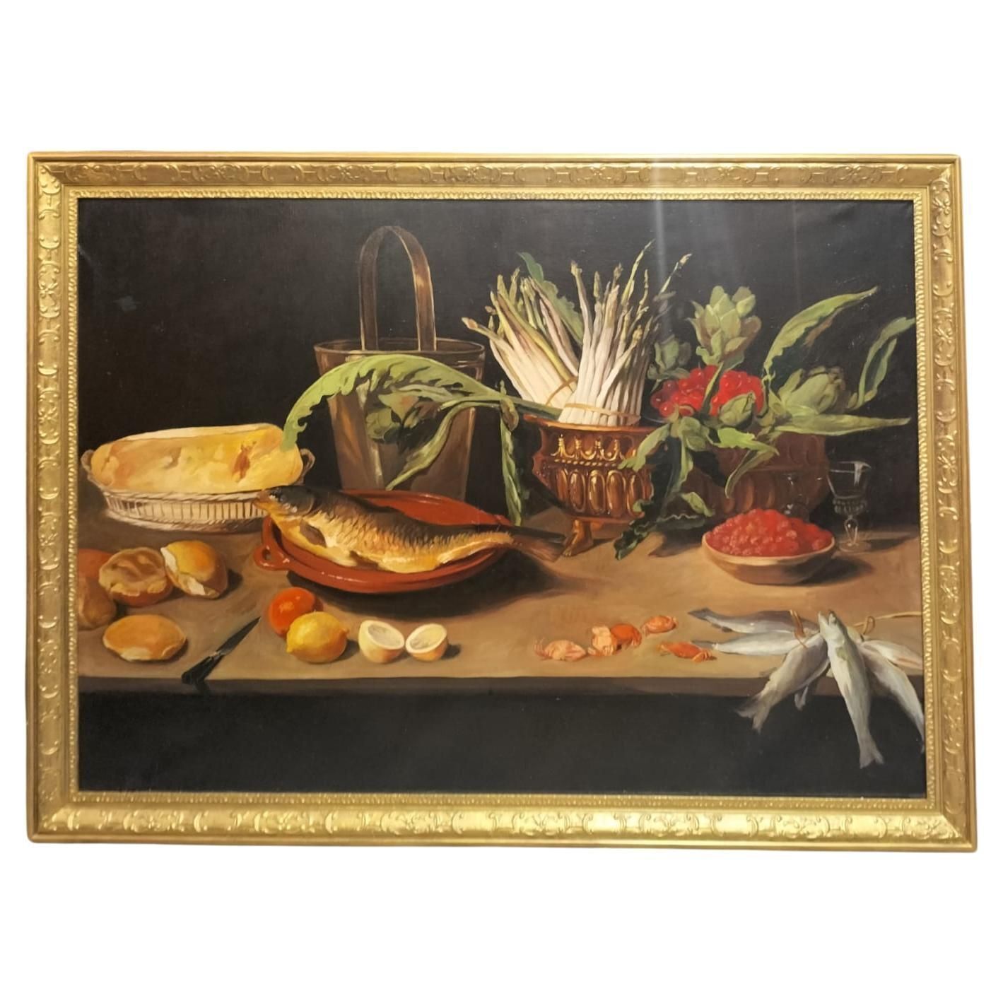 Large Still Life With Fish Oil On Canvas In Gilded Frame, 152cm X 112cm