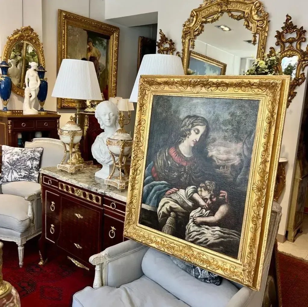 Early 17th Century Tuscan School Oil Painting On Canvas `Virgin And Child` photo vintage