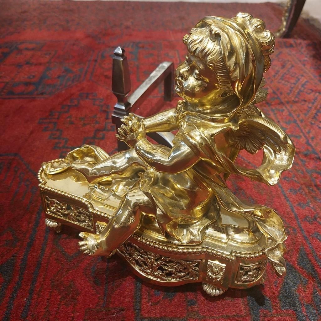 19th Century Pair Of Putti Andirons In Gilt Bronze photo for sale