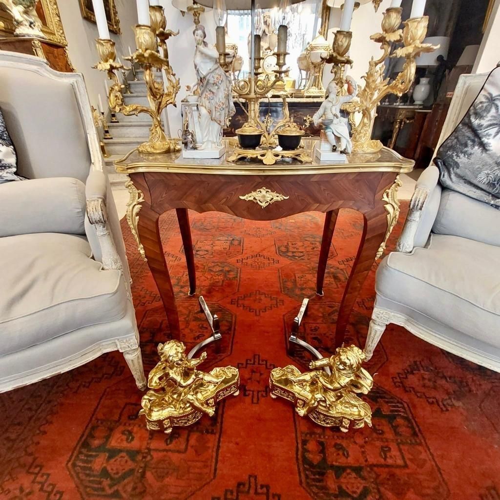 19th Century Pair Of Putti Andirons In Gilt Bronze photo buy