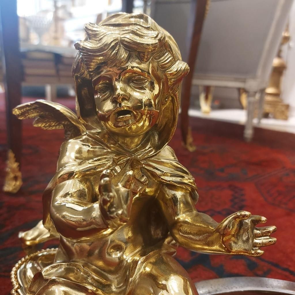 19th Century Pair Of Putti Andirons In Gilt Bronze photo vintage