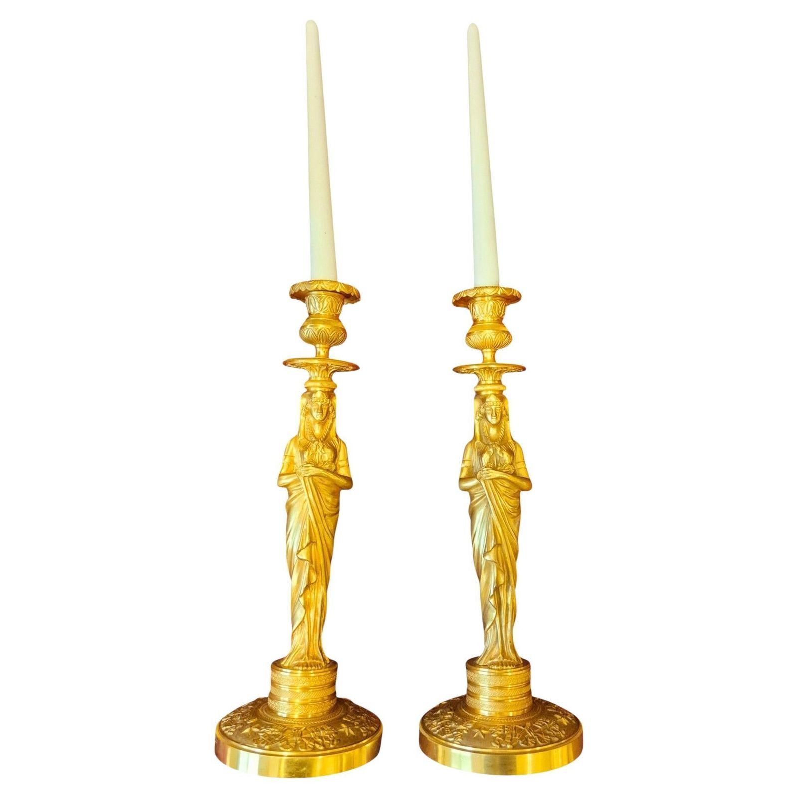 Pair Of Gilt Bronze Retour D`egypte Candlesticks, Empire Period, 19th Century