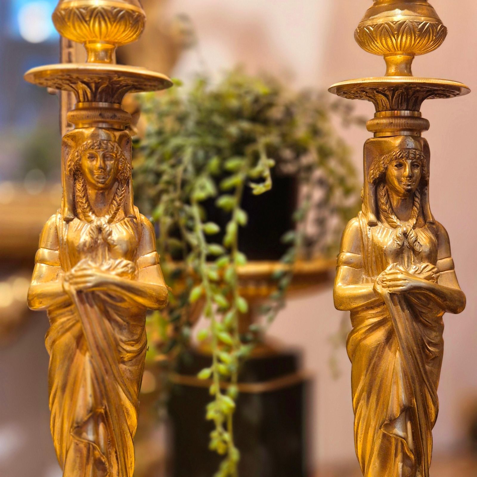 Pair Of Gilt Bronze Retour D`egypte Candlesticks, Empire Period, 19th Century photo furniture