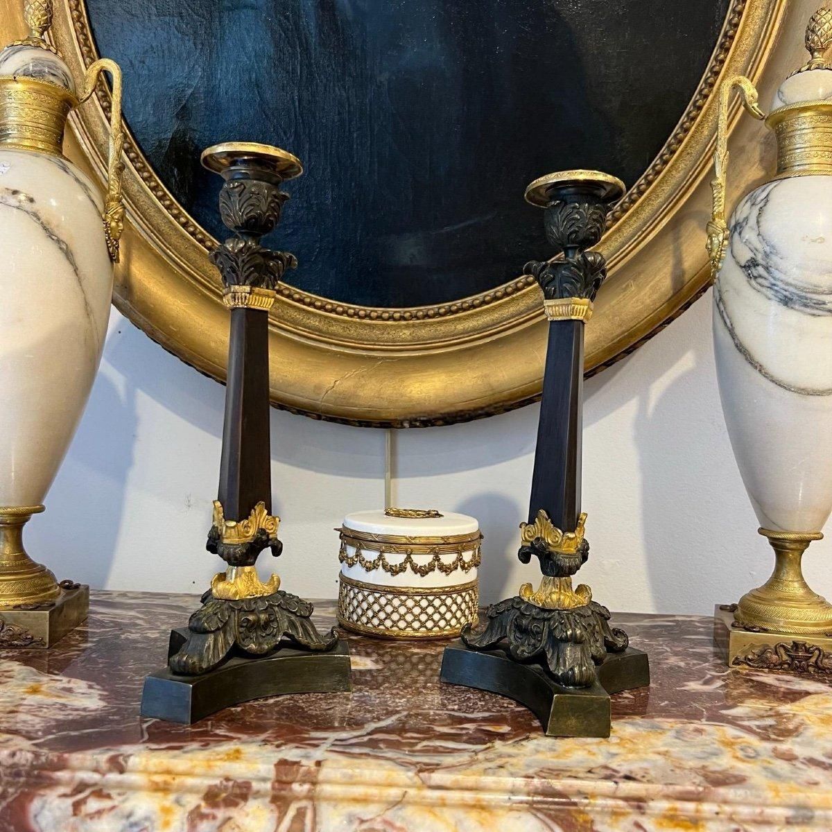 19th Century Pair Of Double Patina Bronze Candlesticks photo furniture