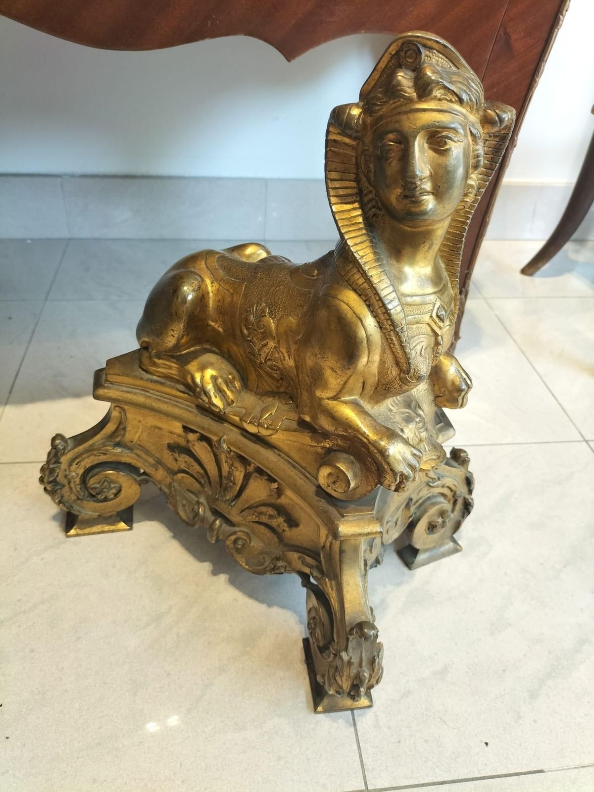photo for sale Pair Of 19th Century Gilt Bronze Fire Dogs In The Ancient Egyptian Style
