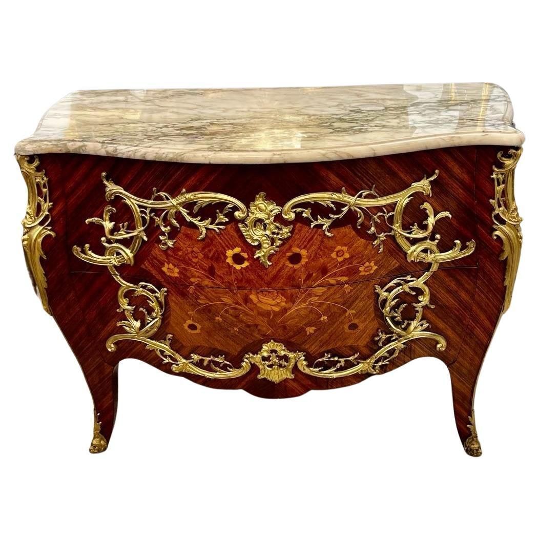 20th Century Louis XV Style Ceremonial Commode In Marquetry And Marble Top
