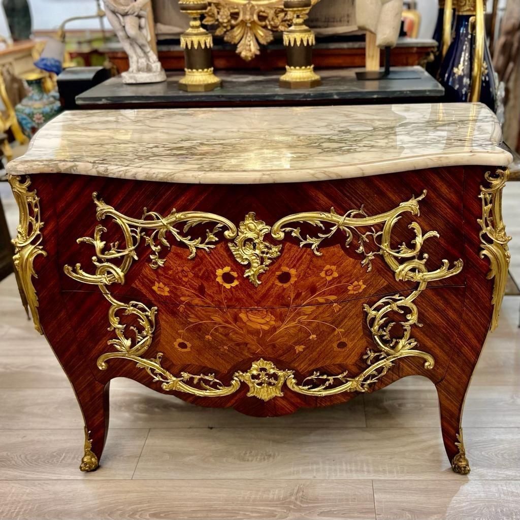 20th Century Louis XV Style Ceremonial Commode In Marquetry And Marble Top photo furniture